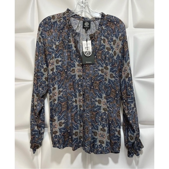 Bobeau Womens Sz M Blue Floral Tapestry Print Peasant Blouse Top NEW - Picture 1 of 6